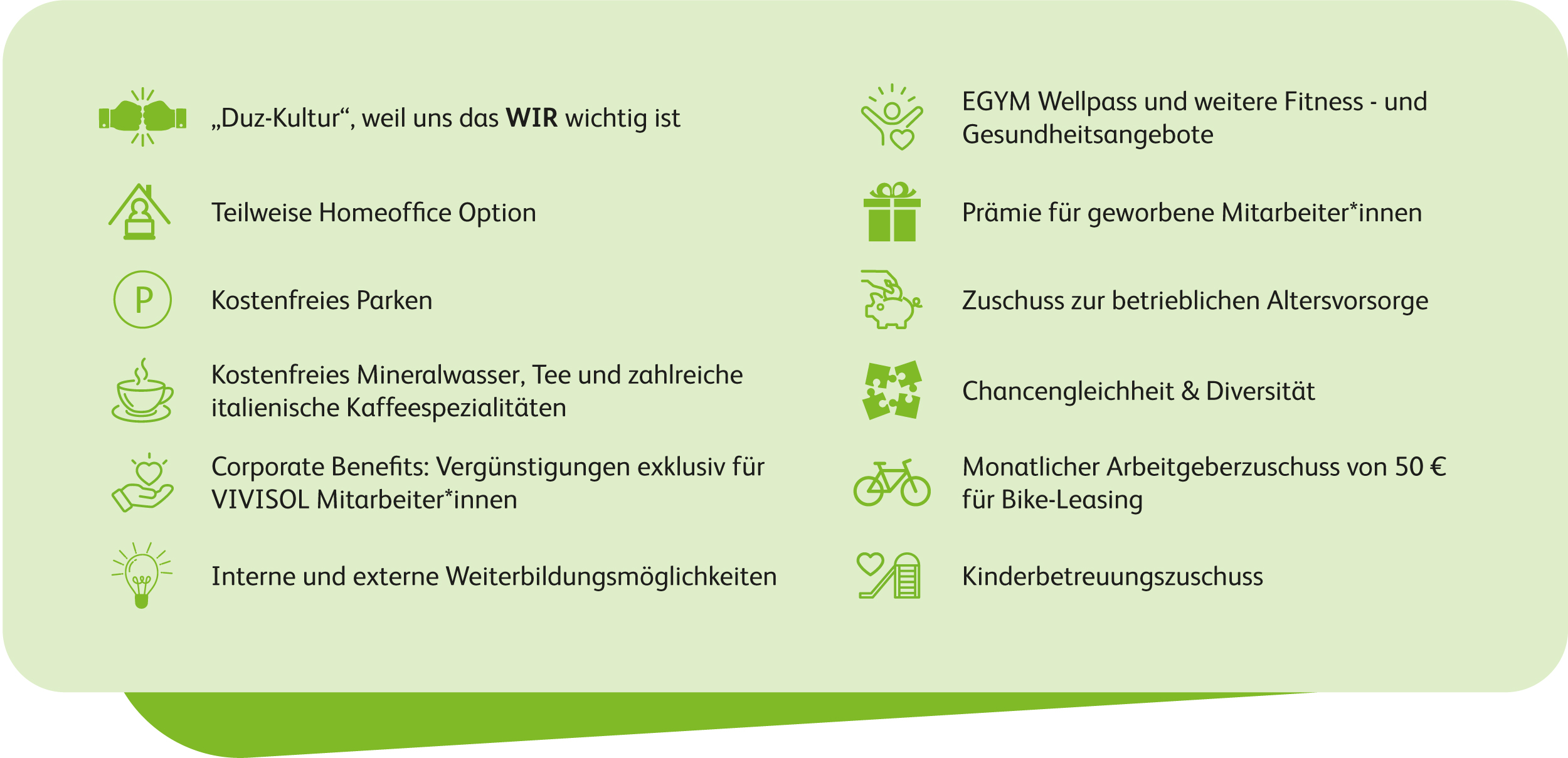 Liste der Arbeitgeberleistungen von VIVISOL mit Icons: Duz-Kultur, EGYM Wellpass/Fitness-Angebote, teilweise Homeoffice, Prämien für Mitarbeiter, kostenfreies Parken, Zuschuss zur betrieblichen Altersvorsorge, kostenfreie Getränke (Wasser, Tee, Kaffee), Chancengleichheit & Diversität, Corporate Benefits für Mitarbeiter, 50€/Monat Zuschuss für Bike-Leasing, Weiterbildungsmöglichkeiten, Kinderbetreuungszuschuss.