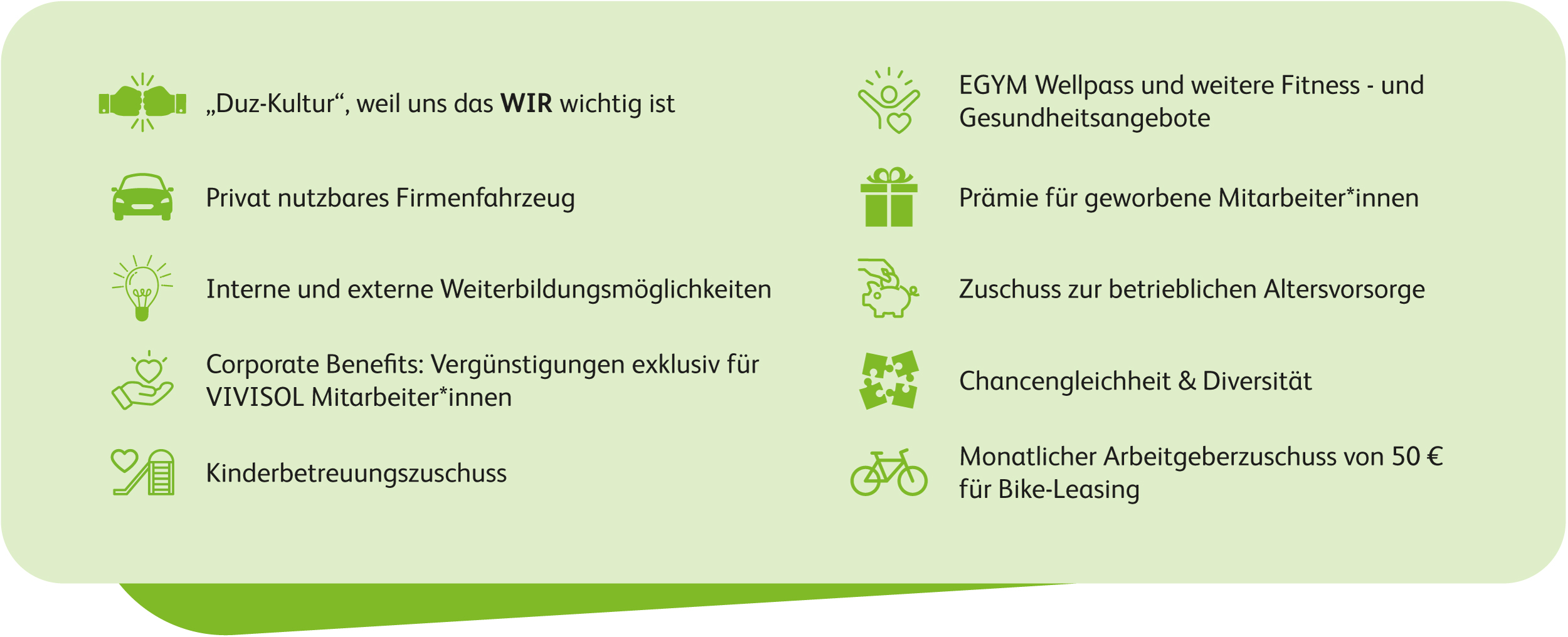 Liste der Arbeitgeberleistungen von VIVISOL Intensivservice mit Icons: Duz-Kultur, EGYM Wellpass/Fitness-Angebote, privat nutzbares Firmenfahrzeug, Prämien für Mitarbeiter, Weiterbildungsmöglichkeiten, Zuschuss zur betrieblichen Altersvorsorge, Vergünstigungen für alle VIVISOL Mitarbeitenden, Chancengleichheit & Diversität, Kinderbetreuungszuschuss, 50€/Monat Zuschuss für Bike-Leasing.